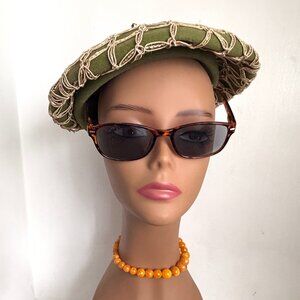 Vintage 60s USA Mushroom Wool Felt Bubble Domed Beret Olive Green Sage Hat Boho